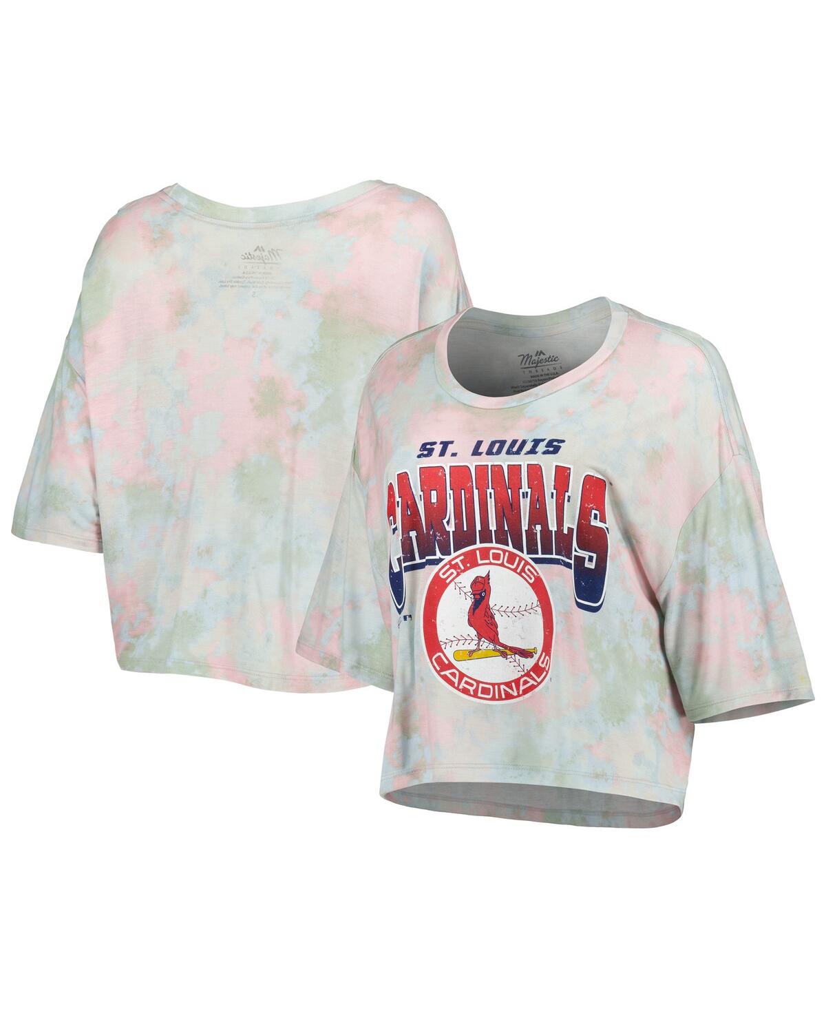 Women's Majestic Threads St. Louis Cardinals Cooperstown Collection Tie-Dye Boxy Cropped Tri-Blend T-Shirt in Light Blue