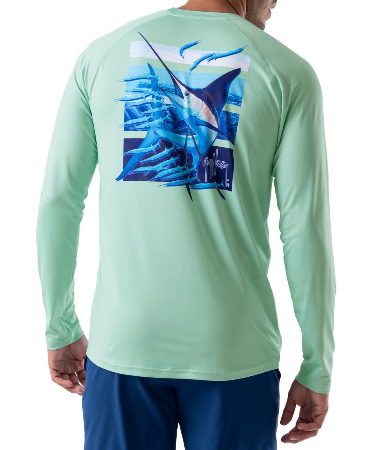 Guy Harvey Men's Long-sleeve Crewneck Upf Performance Graphic T-shirt In Beach Glass