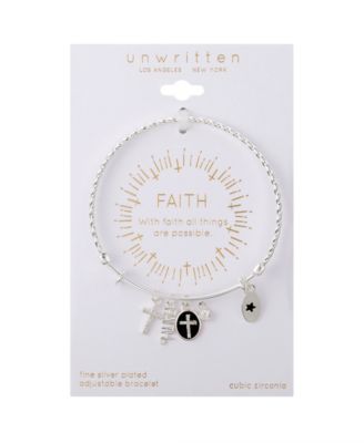 Silver-Plated Cross "Faith" Multi Charm Twist Design Bangle Bracelet