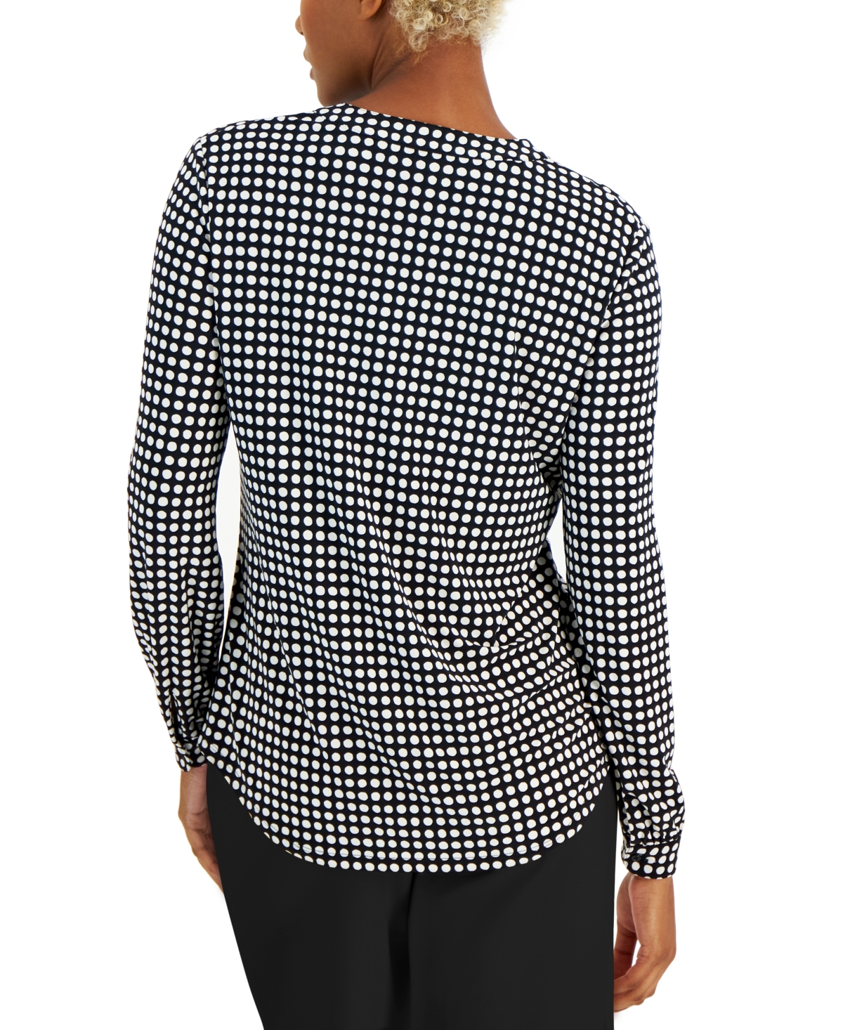 Anne Klein Petite Dot-Print Split-Neck Long-Sleeve Blouse