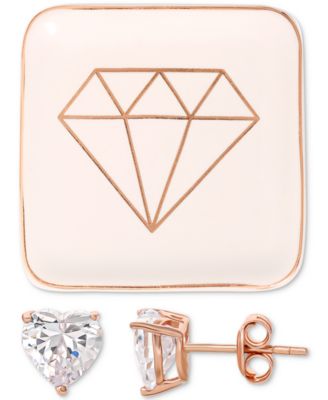 Giani Bernini Cubic Zirconia Heart Solitaire Stud Earrings in 18k Rose Gold-Plated Sterling Silver & Ceramic Trinket Dish, Created for Macy's