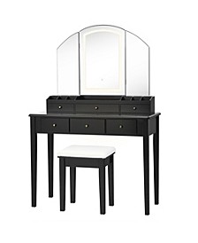 Vanity Table Stool Set Large Tri-folding Lighted Mirror