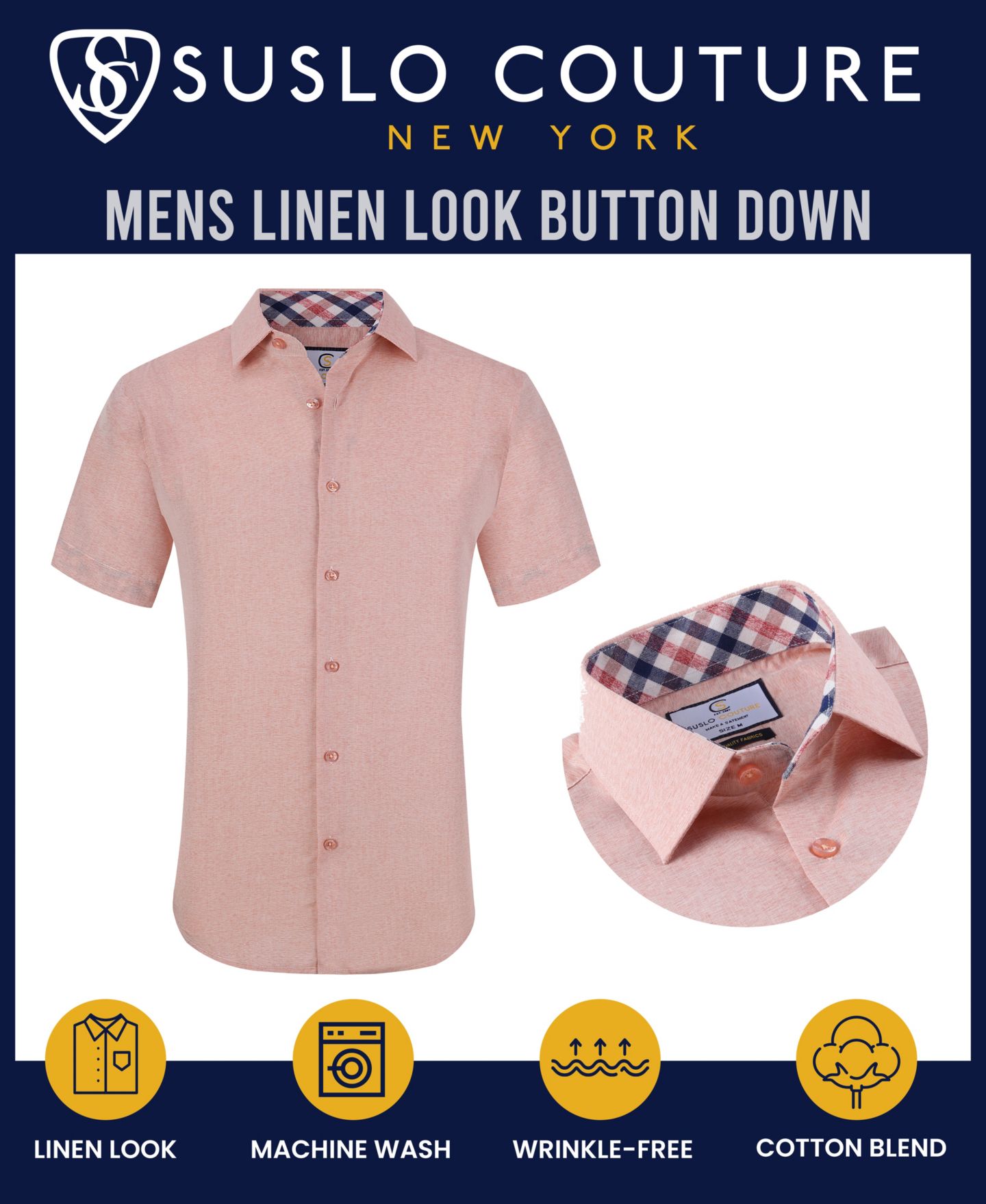Мужская рубашка Suslo Couture Slim Fit Linen Look Short Sleeve Button Down Shirt, цвет: Тёмно-синий — фото 5