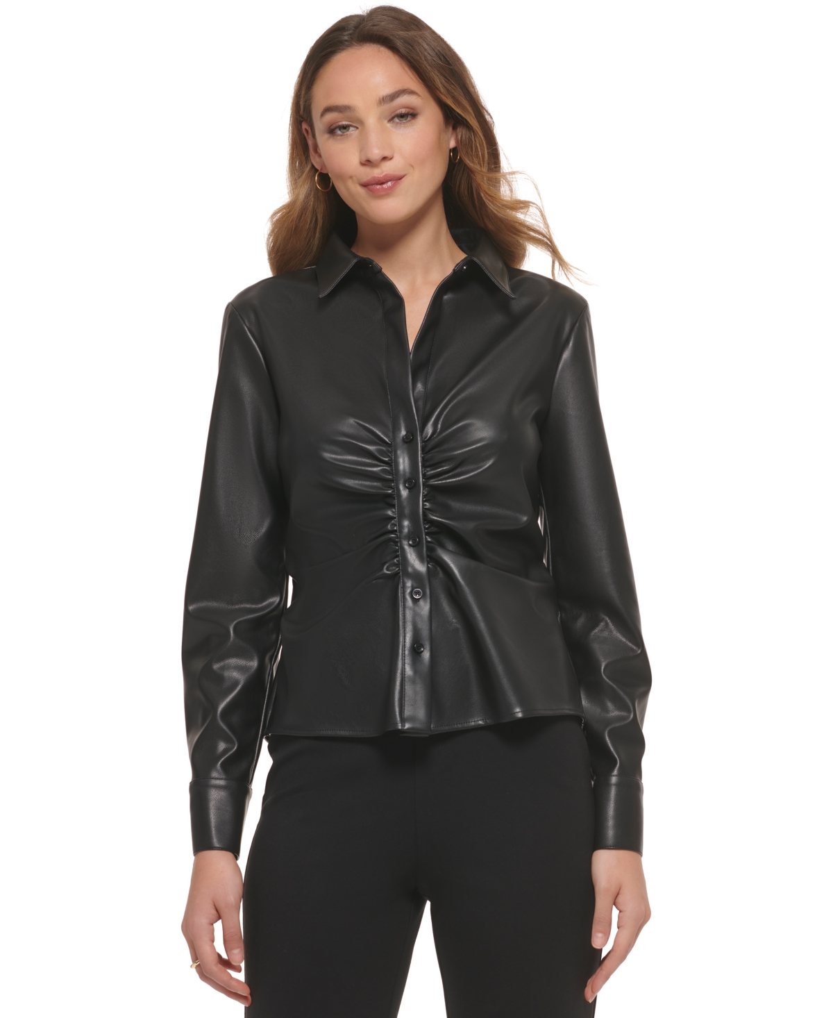 DKNY WOMEN'S FAUX-LEATHER RUCHED BUTTON-FRONT BLOUSE