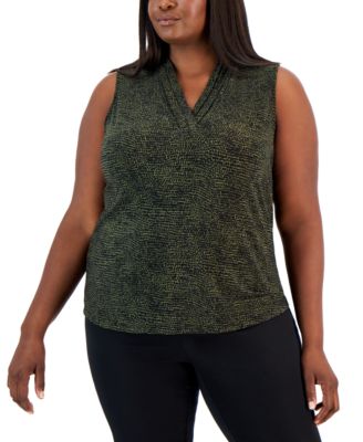 Anne Klein - Plus Size Pebble Dot Printed Triple Pleat Sleeveless Top