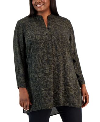 Anne Klein - Plus Size Pebble Dot Longer Length Nehru Printed Tunic
