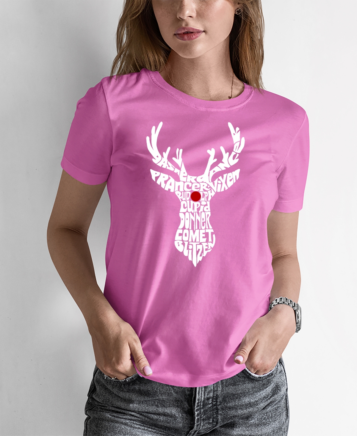 La Pop Art Women's Santa's Reindeer Word Art T-shirt