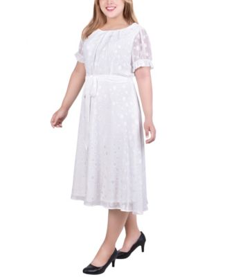 Plus Size Short Sleeve Belted Swiss Dot Dress