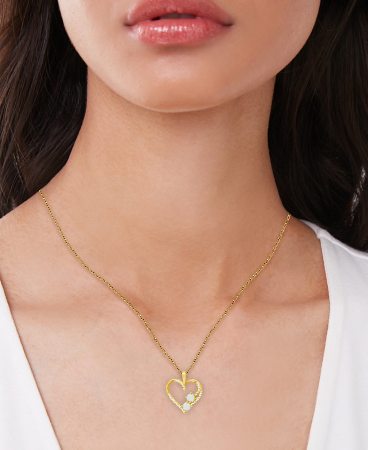 Lab-grown Opal (1/4 ct. t.w.) & White Sapphire (1/3 Open Heart 18" Pendant Necklace 14k Gold-Plated Sterling Silver
