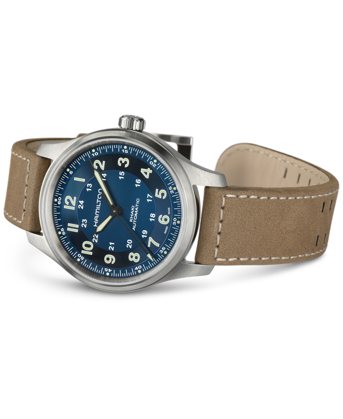 Shop Hamilton Men's Swiss Automatic Khaki Field Brown Leather Strap Watch 42mm In Blue