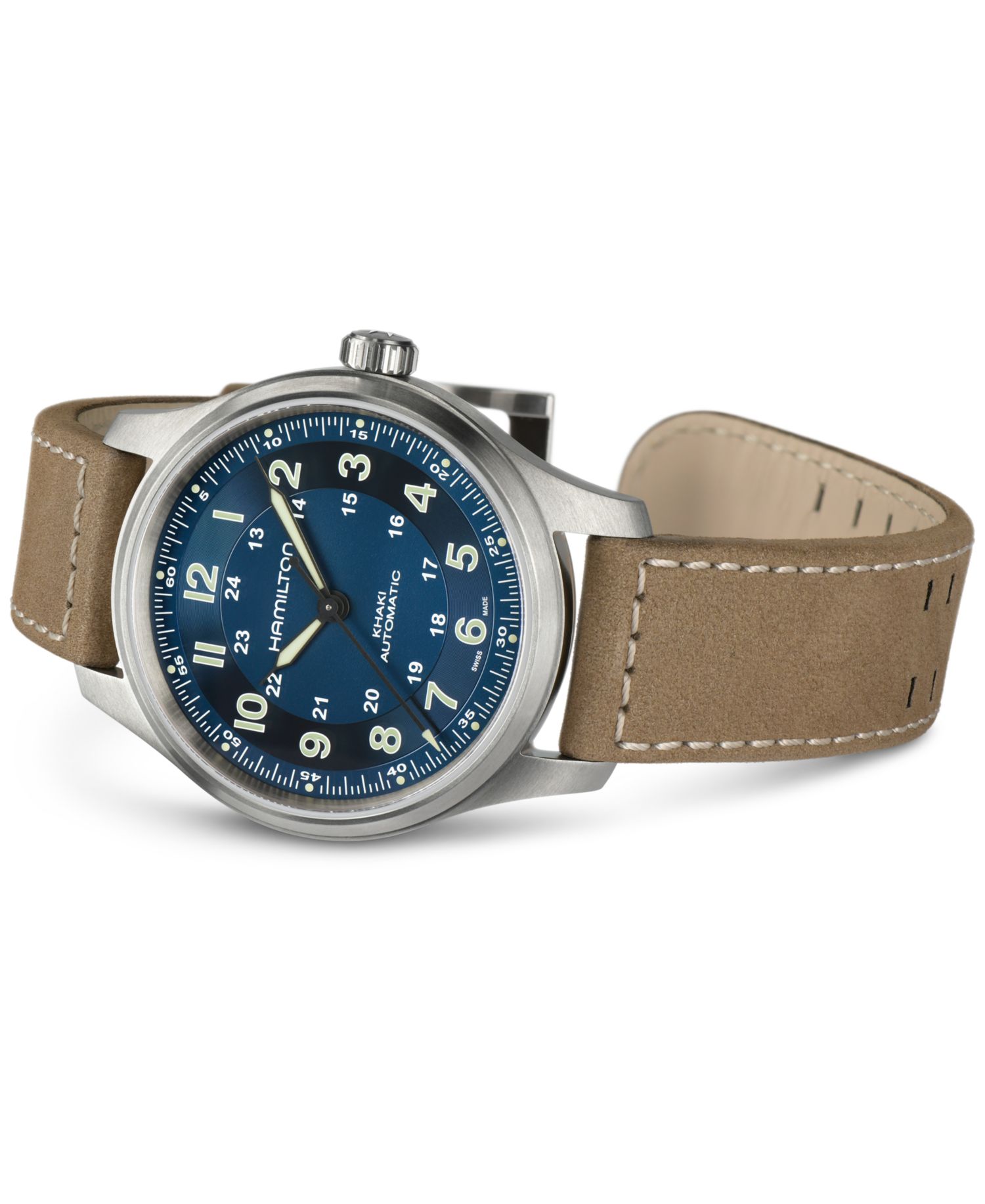 Men's Swiss Automatic Khaki Field Brown Leather Strap Watch 42mm