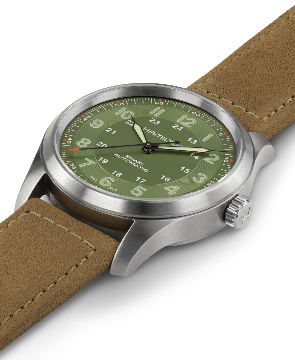 Shop Hamilton Men's Swiss Automatic Khaki Field Brown Leather Strap Watch 38mm In Green