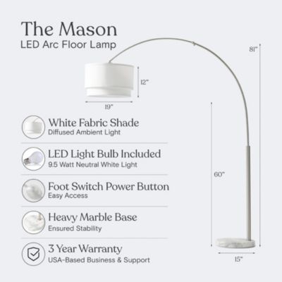 Mason 81" LED Contemporary Arc Floor Lamp with Marble Base, Bulb Included