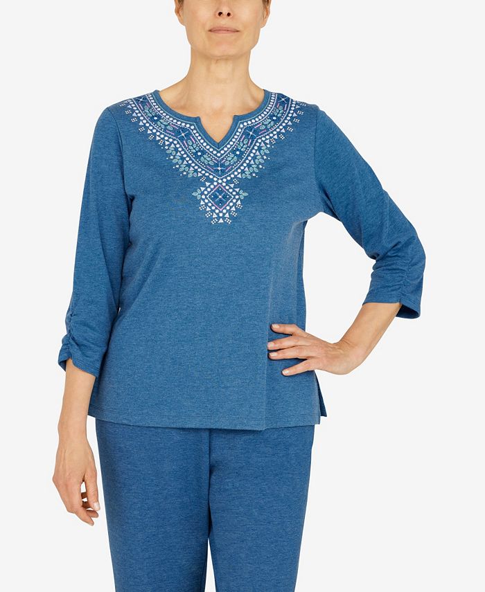 Alfred Dunner Petite Floral Park Split Neck 3/4 Sleeve Heather Knit Top