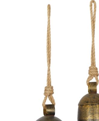 Bronze Metal Rustic Decorative Cow Bell with Jute Hanging Rope Set 3 Pieces