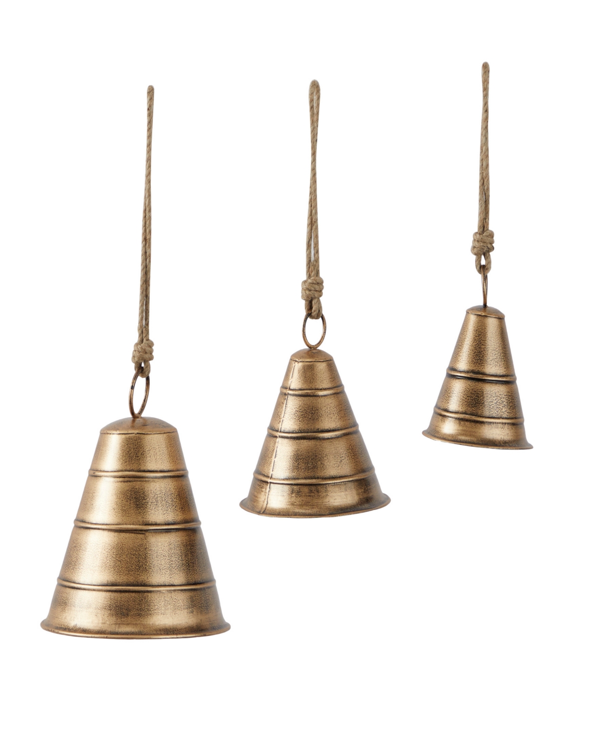 Rosemary Lane Black Metal Bohemian Decorative Cow Bell With Jute Hanging Rope Set 3 Pieces In Brass