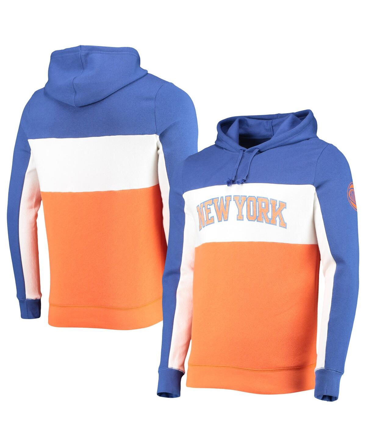 Shop Junk Food Men's  Blue, White New York Knicks Wordmark Colorblock Fleece Pullover Hoodie In Blue,white