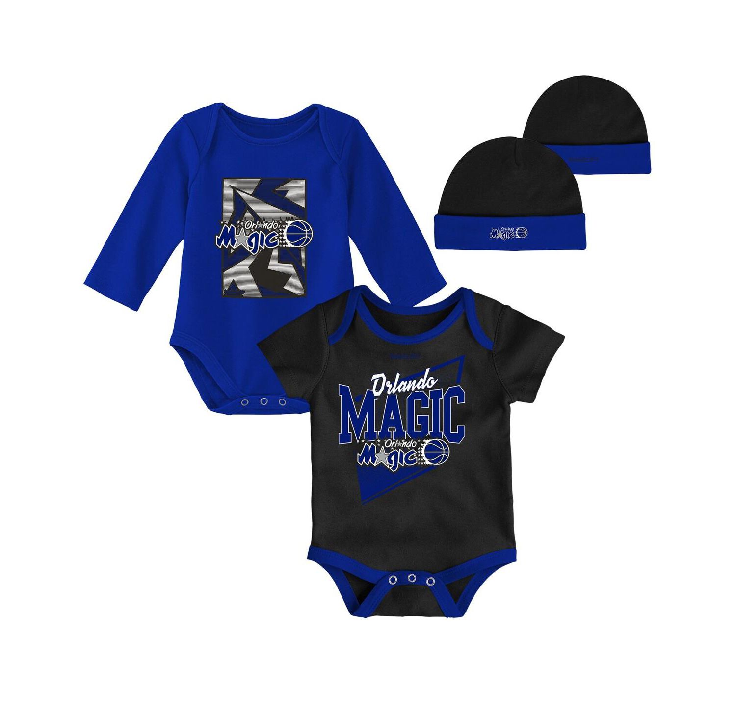 Infant Boys and Girls Black, Blue Orlando Magic Hardwood Classics Bodysuits and Cuffed Knit Hat Set