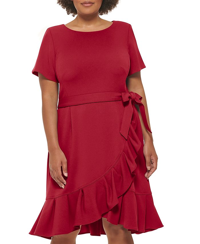 Calvin Klein Plus Size Belted Ruffled Scuba Crepe Dress Macy's