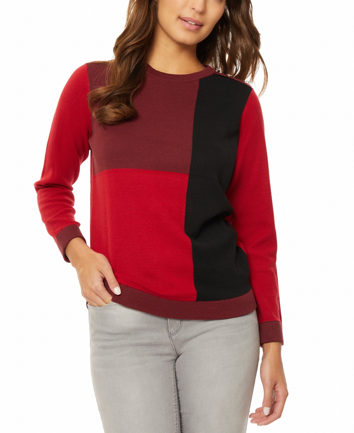 Shop Jones New York Women's Color Block Crew Neck Sweater In Cabernet Combo