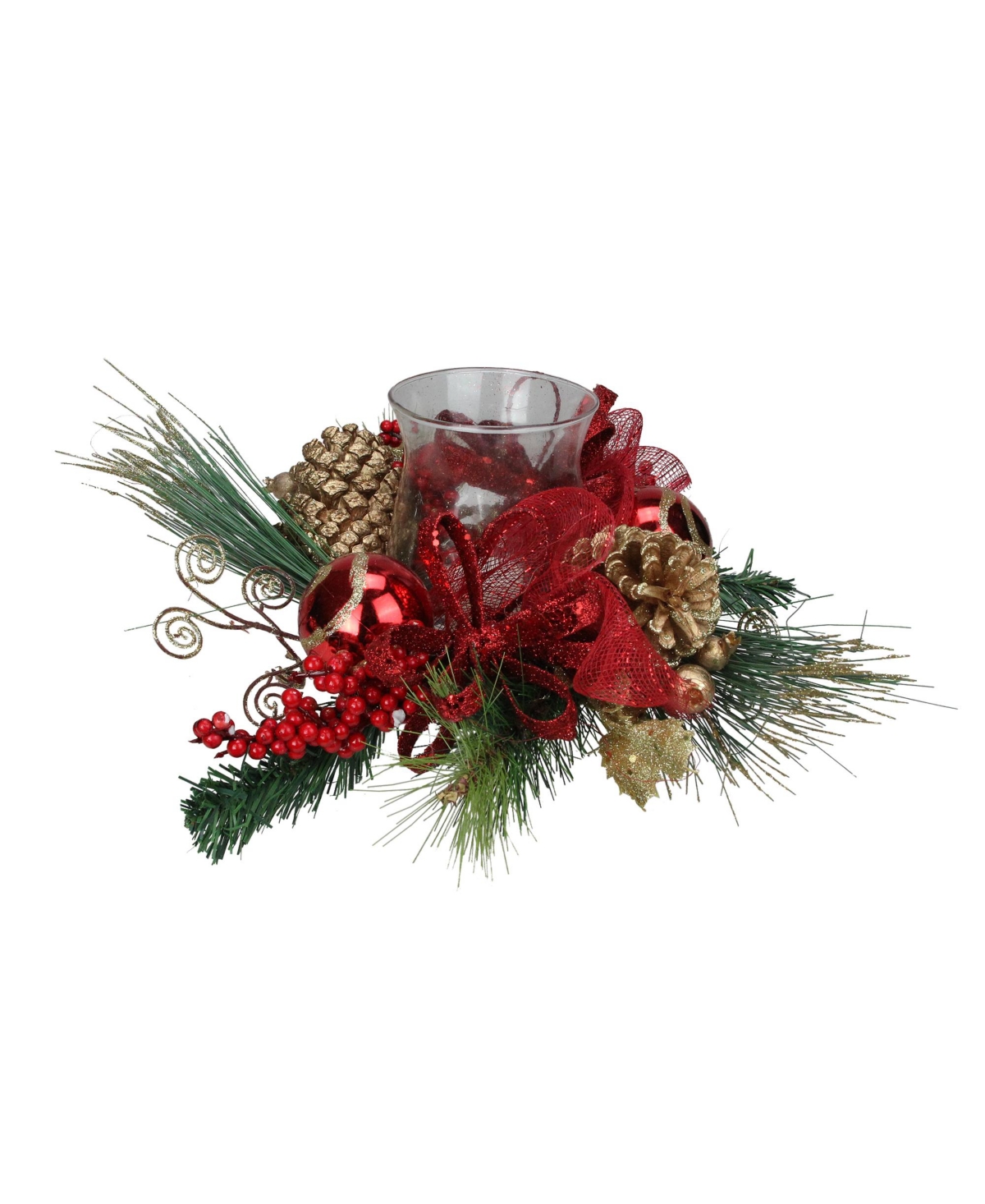 Pine Sprigs and Glittered Berries Christmas Hurricane Candle Holder, 18" - Red