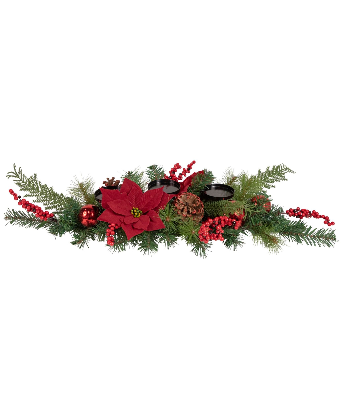 Artificial Mixed Pine Berries and Poinsettia Christmas Candle Holder Centerpiece, 32" - Green