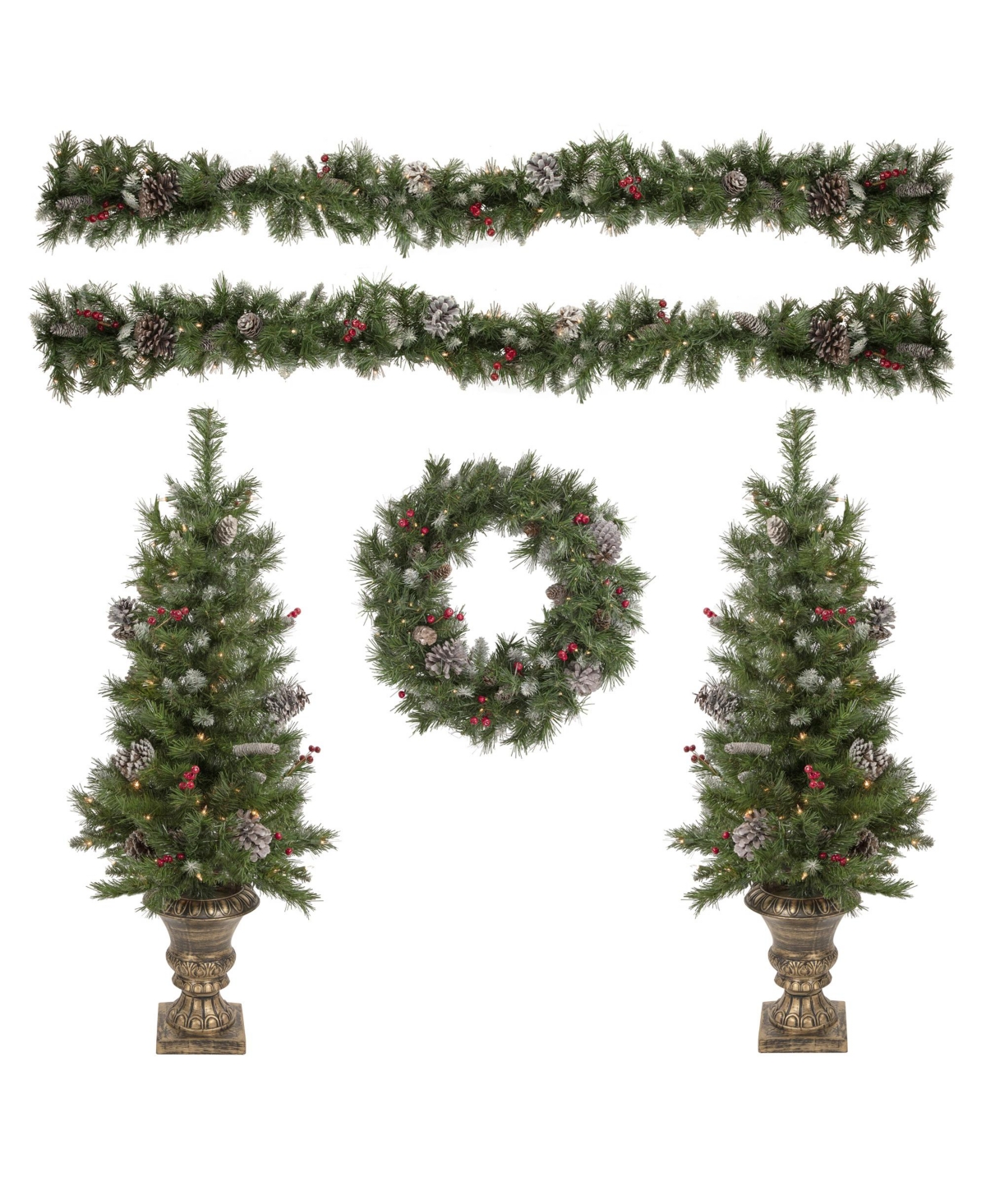 Northlight 4' Pre- Lit Frosted Verona Berry Pine Artificial Christmas Entryway Set, 5 Piece In Green