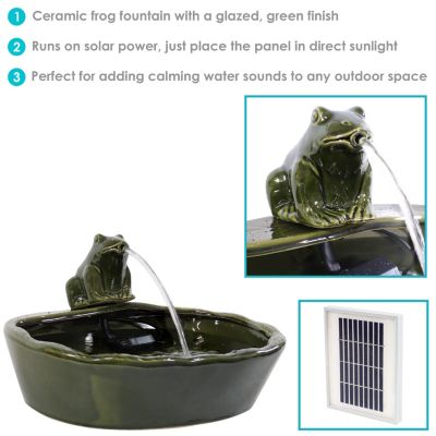 Ceramic Frog 7-Inch Outdoor Solar Fountain - Submersible Pump - Soothing Water Sounds - Glazed Green Finish