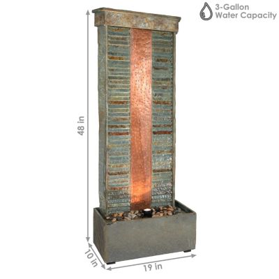 48"H Electric Natural Slate with Copper Accents Rippled Column Outdoor Water Fountain with LED Spotlight