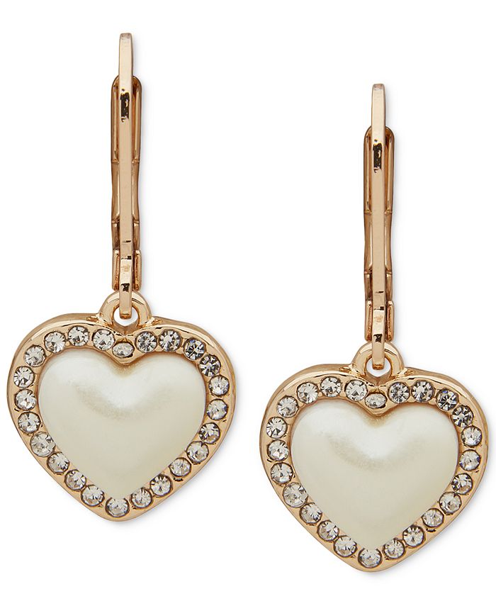 Anne Klein Gold Tone Pav Imitation Pearl Heart Drop Earrings