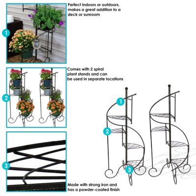 Indoor/Outdoor Iron Metal 4-Tiered Potted Flower Plant Stand with Spiral Staircase Design - 56" - Black - 2pk