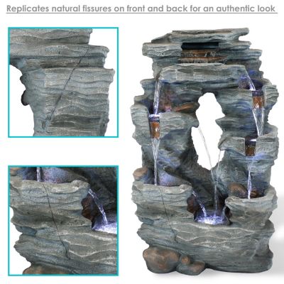 Dual Cascading Rock Falls 39-Inch Outdoor Water Fountain with LED Lights - Electric Submersible Pump