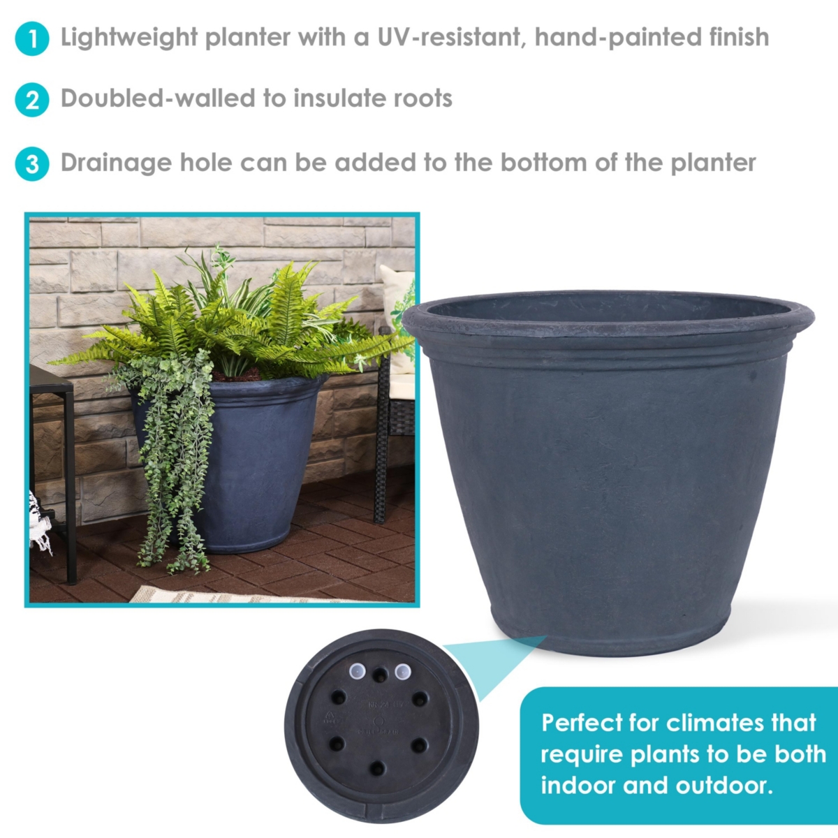 Sunnydaze Decor Anjelica Unbreakable Polyresin Planter - Slate - Set of 4