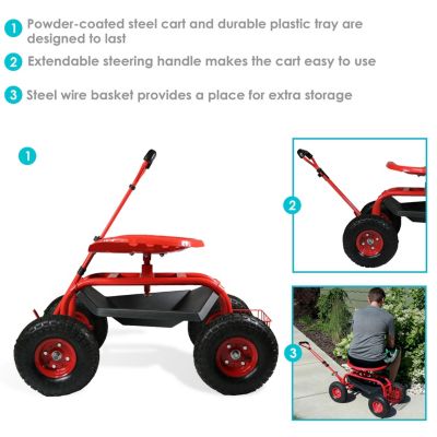 Garden Cart Rolling Scooter with Extendable Steering Handle - Swivel Seat and Utility Basket - Red