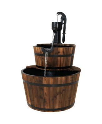 Electric Fir Wood 2-Tier Farmhouse Barrel with Metal Decorative Hand Pump Outdoor Water Fountain