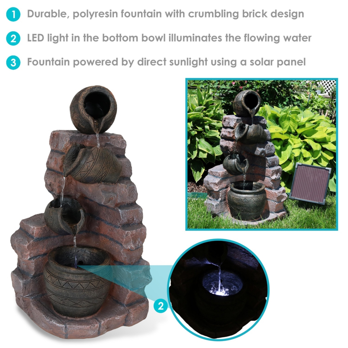 Sunnydaze Decor Crumbling Bricks and Pots 27-Inch Solar Fountain with Led Lights and Battery-Powered Backup - Submersible Pump