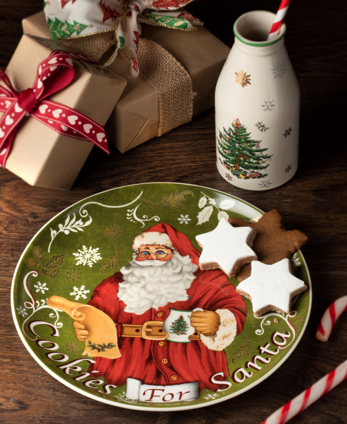Spode Christmas Tree Cookies For Santa Plate & Bottle In Green,multi