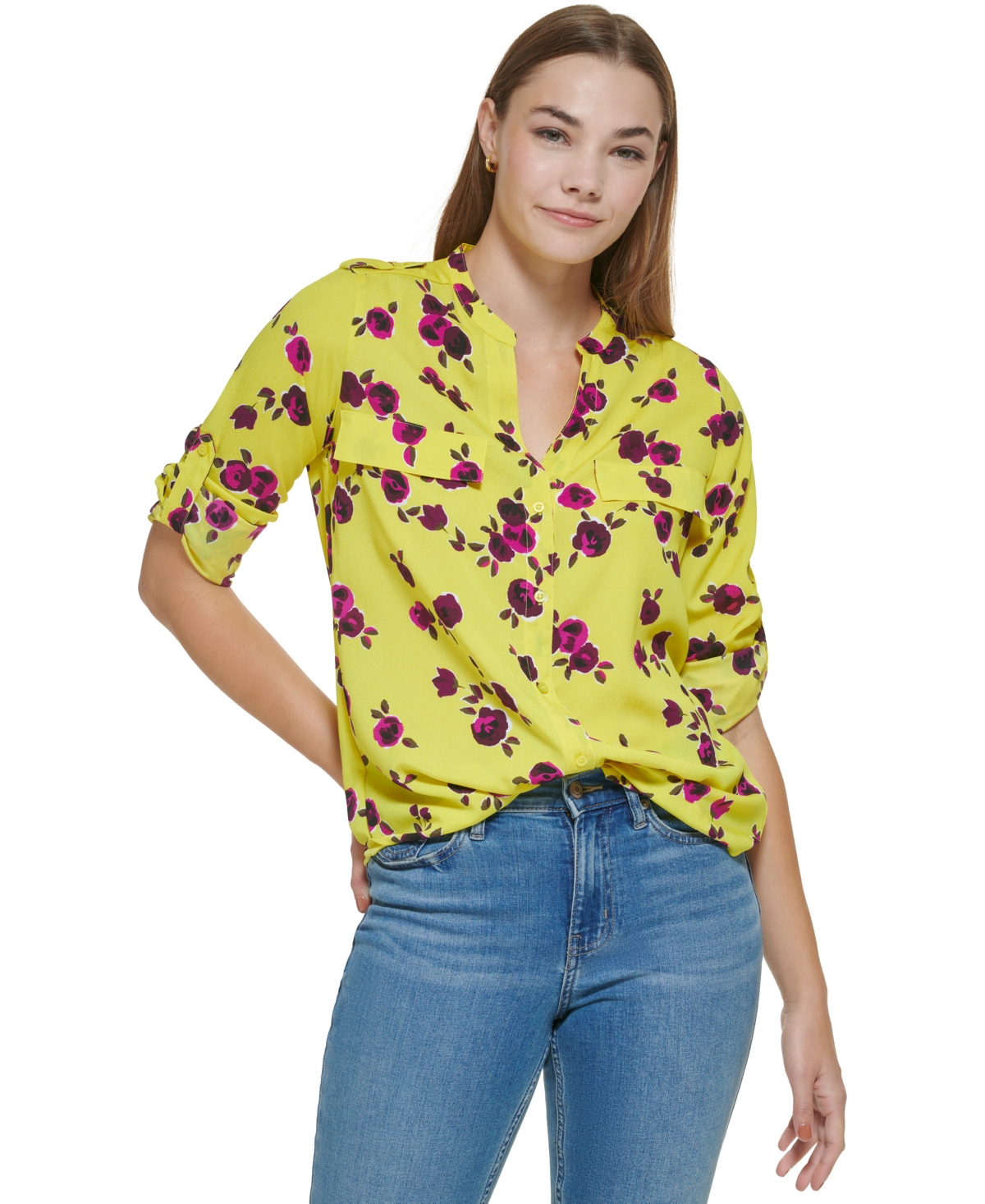 Calvin Klein Women's Printed Roll Tab Blouse