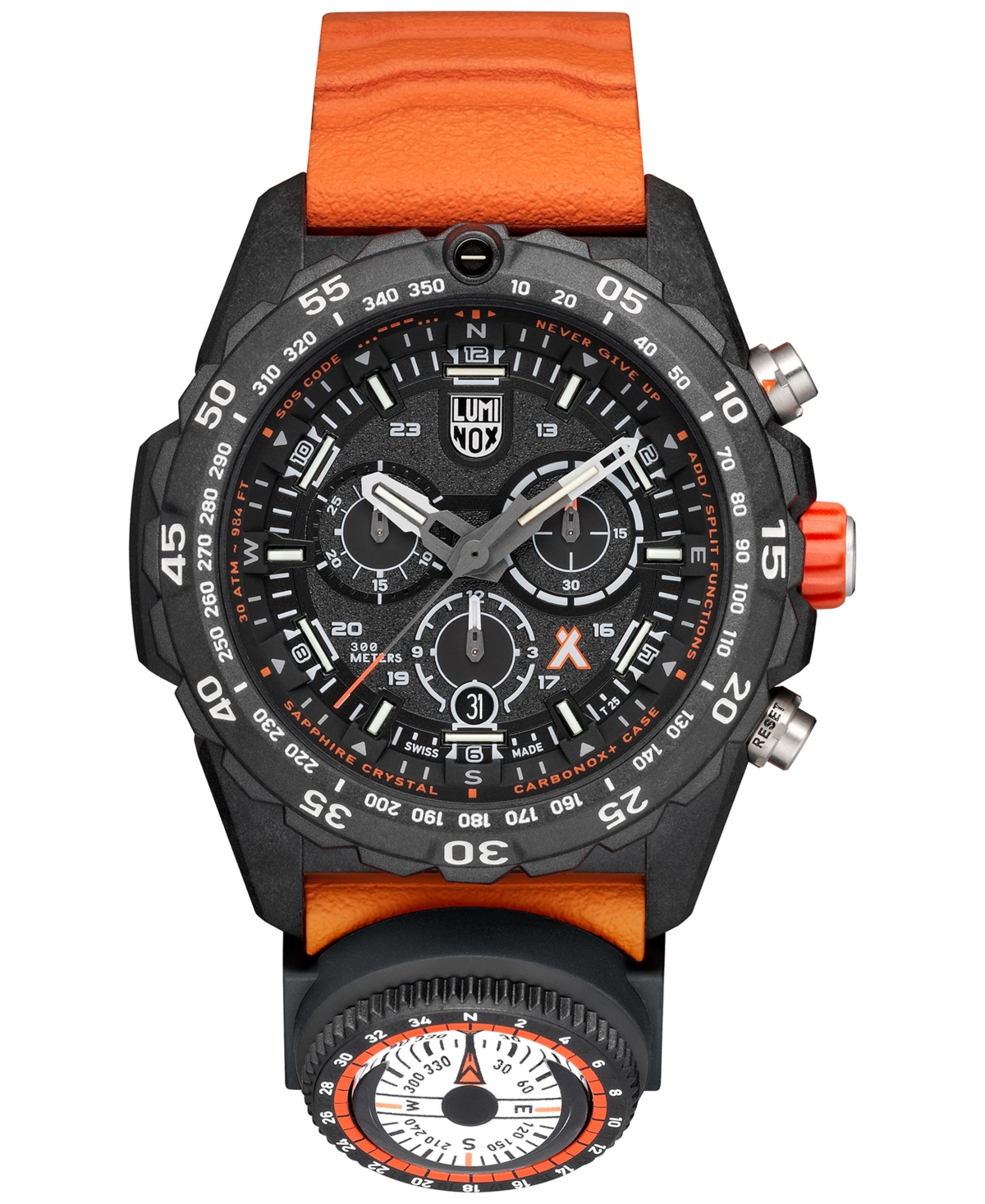 Men's Swiss Chronograph Bear Grylls Survival Master Series Compass Orange Rubber Strap Watch 45mm