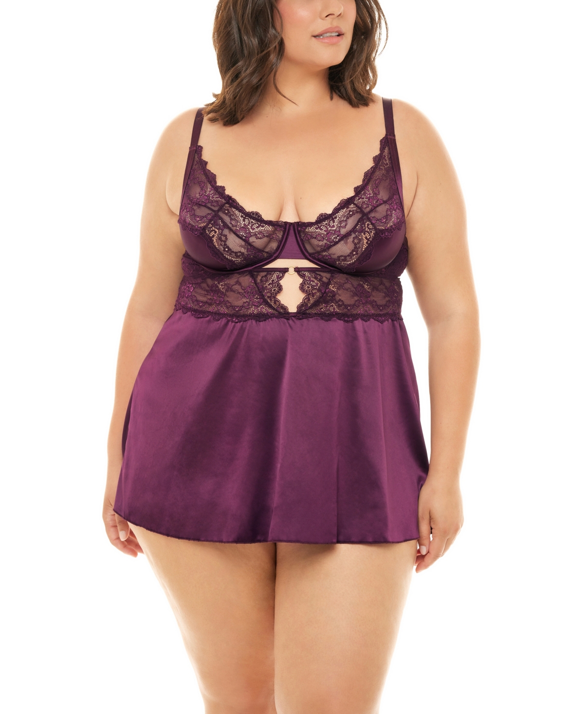 Plus Size Donna Delicate Lace and Satin Chemise with Keyhole Details - Potent Purple