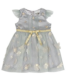Baby Girls Glitter Mesh Cap Sleeve Party Dress with Flower Appliques