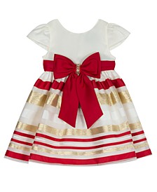 Baby Girls Satin Cap Sleeve Bodice to Burnout Striped Organza Skirt and Satin Wasitband and Bow Detail