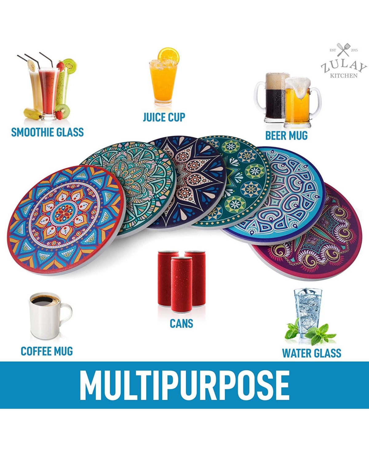 Zulay Kitchen Mandala Coasters with Holder & Cork Base - 6 Pc.