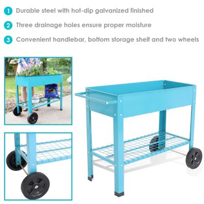 Outdoor Galvanized Steel Raised Mobile Elevated Planter Cart with Handlebar and Wheels - 43"