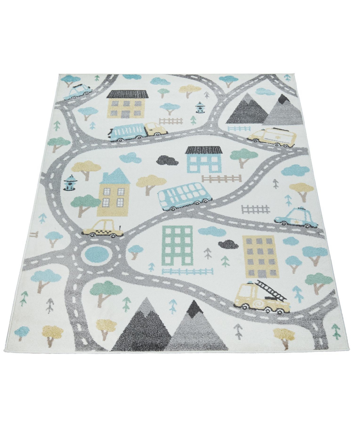 Kids Rug Nino With Cars Streets And Trees In Pastel Colors In Cream - 5’ 3” x 7’ 3”