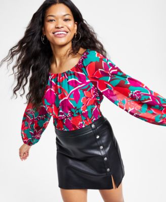 Bar III - Women's Printed Smocked-Hem Peasant Top