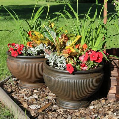 Indoor/Outdoor Patio, Garden, or Porch Weather-Resistant Double-Walled Elizabeth Ribbed Urn Flower Pot Planter - 15"