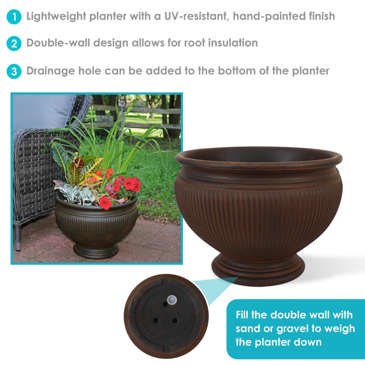 Sunnydaze Decor Elizabeth Ribbed Urn Polyresin Planter - Rust - Set of 4