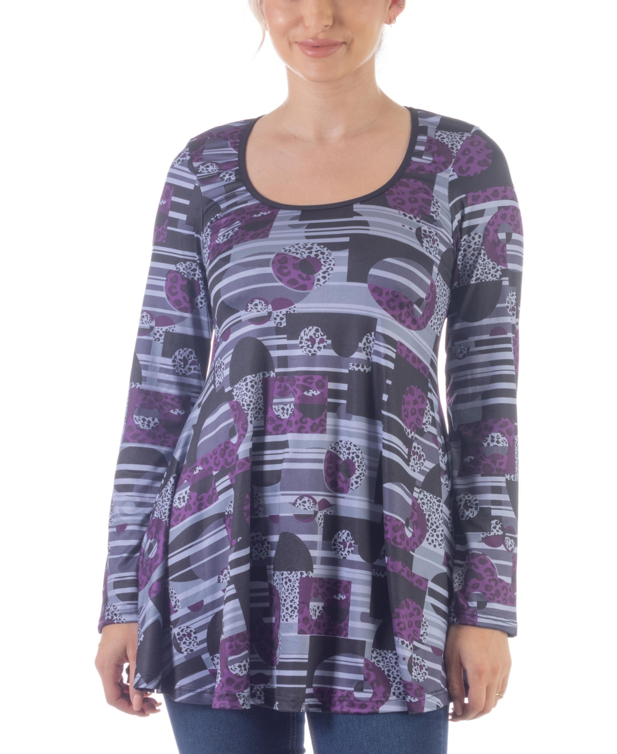 Women's Scoop Neck Long Sleeve Tunic Top - Purple, Gray Multi