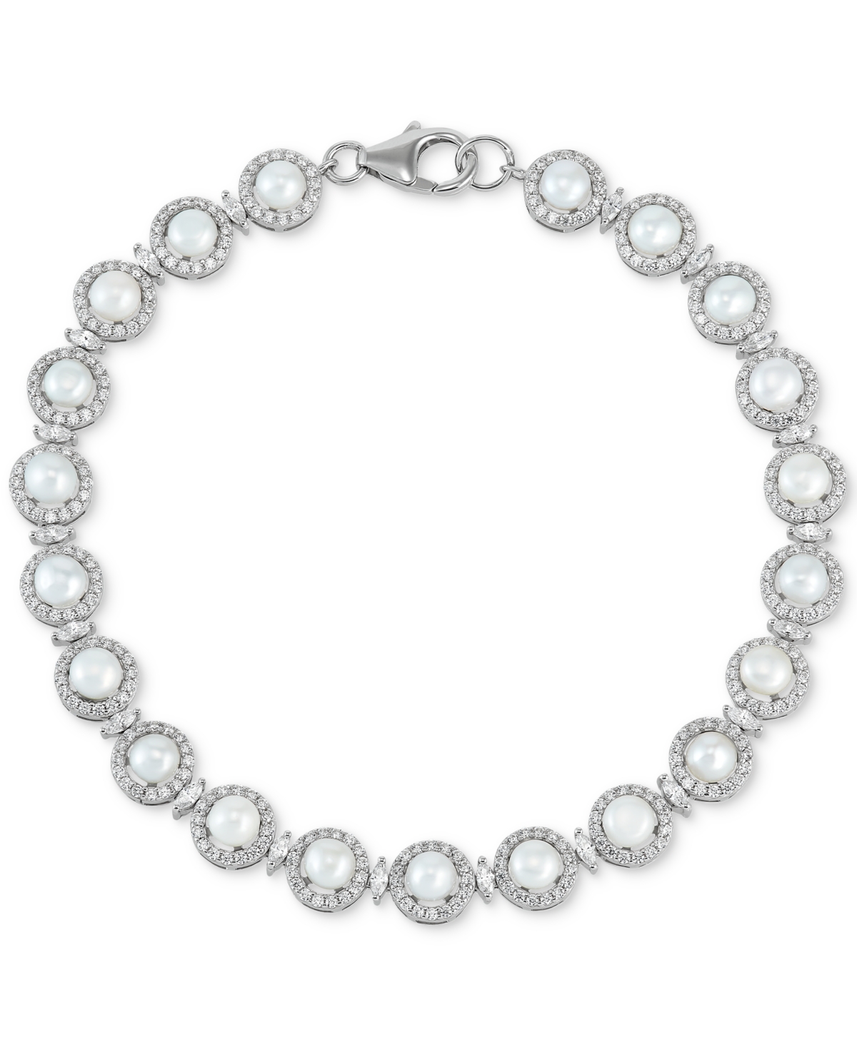 Cultured Freshwater Button Pearl (4 - 4-1/2mm) & Cubic Zirconia Link Bracelet in Sterling Silver - Sterling Silver
